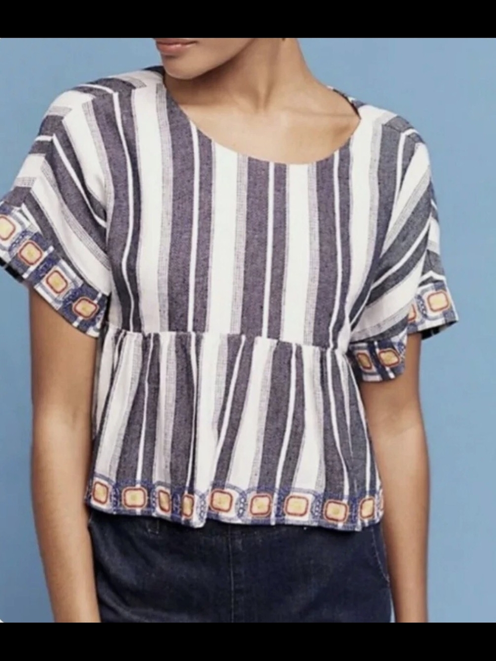 Maeve Navy and White Striped Short-Sleeve Peplum Top with Orange Trim - Picture 1 of 7